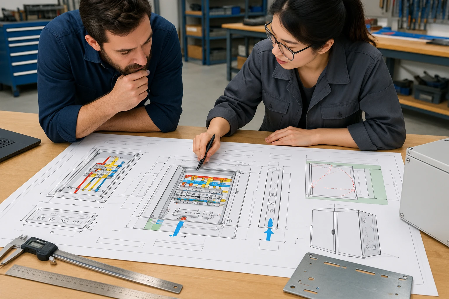 Two people reviewing a panel layout drawing and connection positions at a workbench