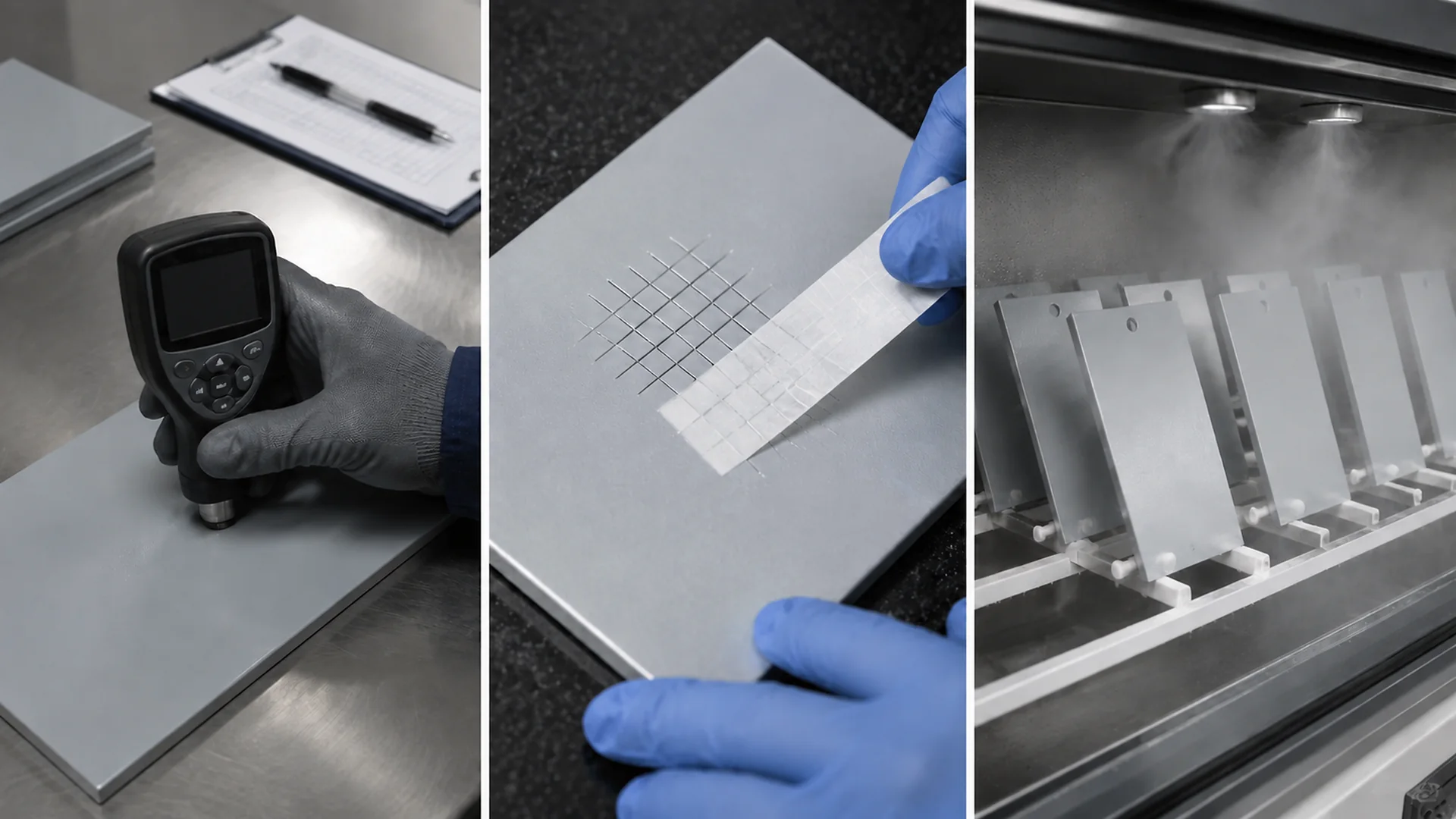 14-powder-coating-thickness-adhesion-salt-spray-tests Coating thickness measurement, cross-cut adhesion test, and coated panels in a salt-spray chamber