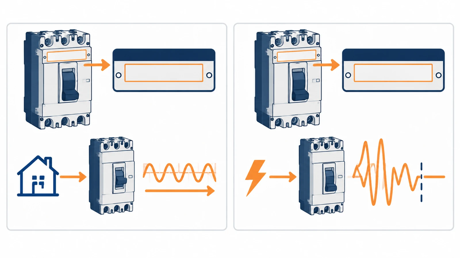 Two-panel illustration distinguishing circuit breaker rated current from fault-current interrupting rating.