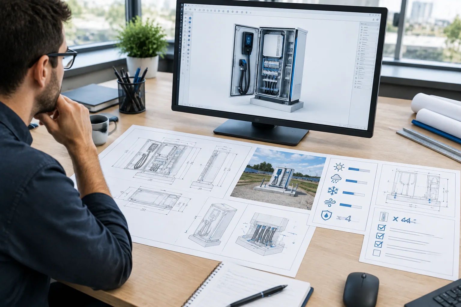 Illustrated RFQ documents with enclosure drawings, site photo, and cable-entry notes