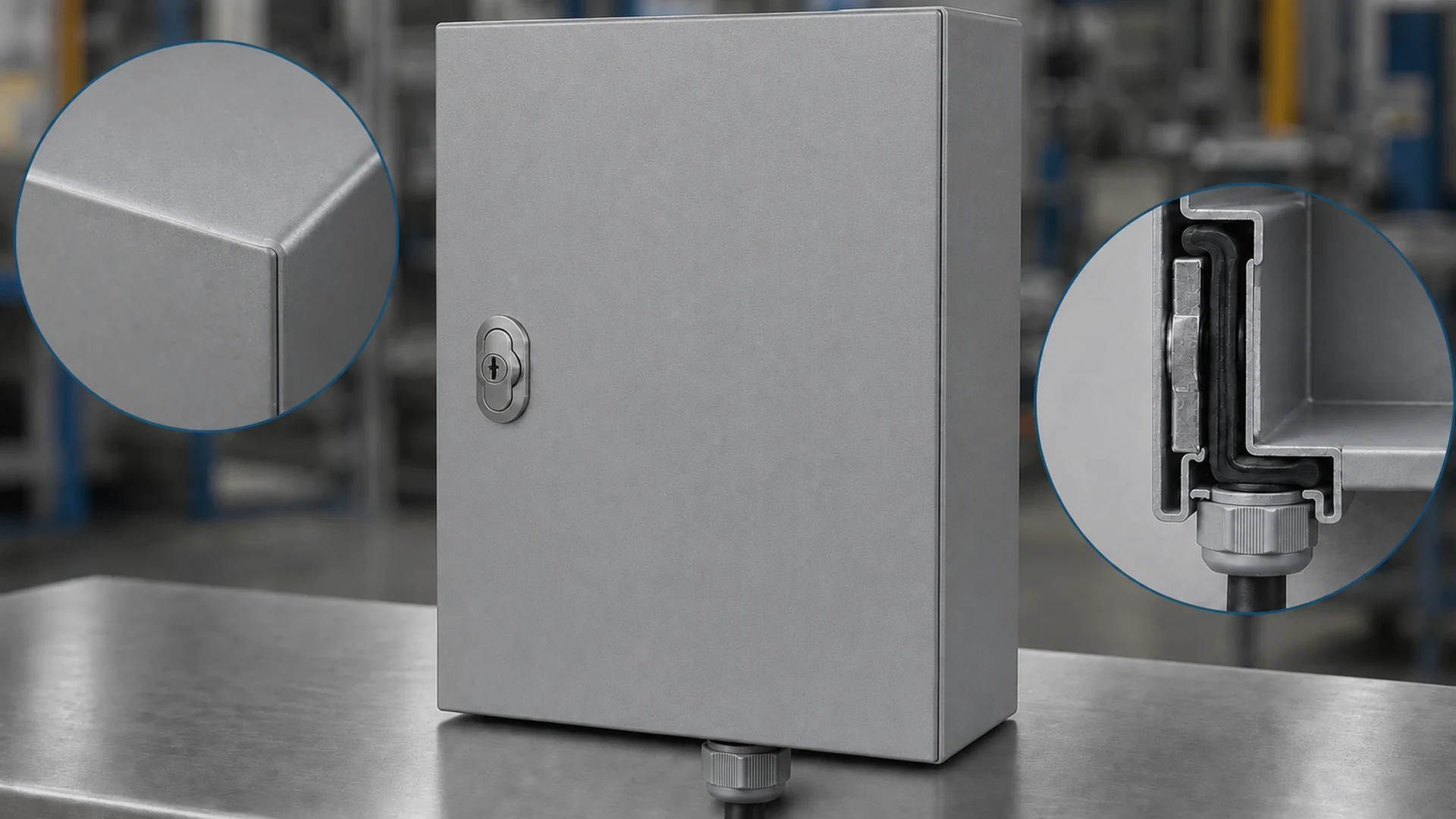 15-coating-corrosion-protection-vs-enclosure-ingress-rating Full-overlay powder-coated enclosure with magnified coating edge and gasketed cable-entry sealing details