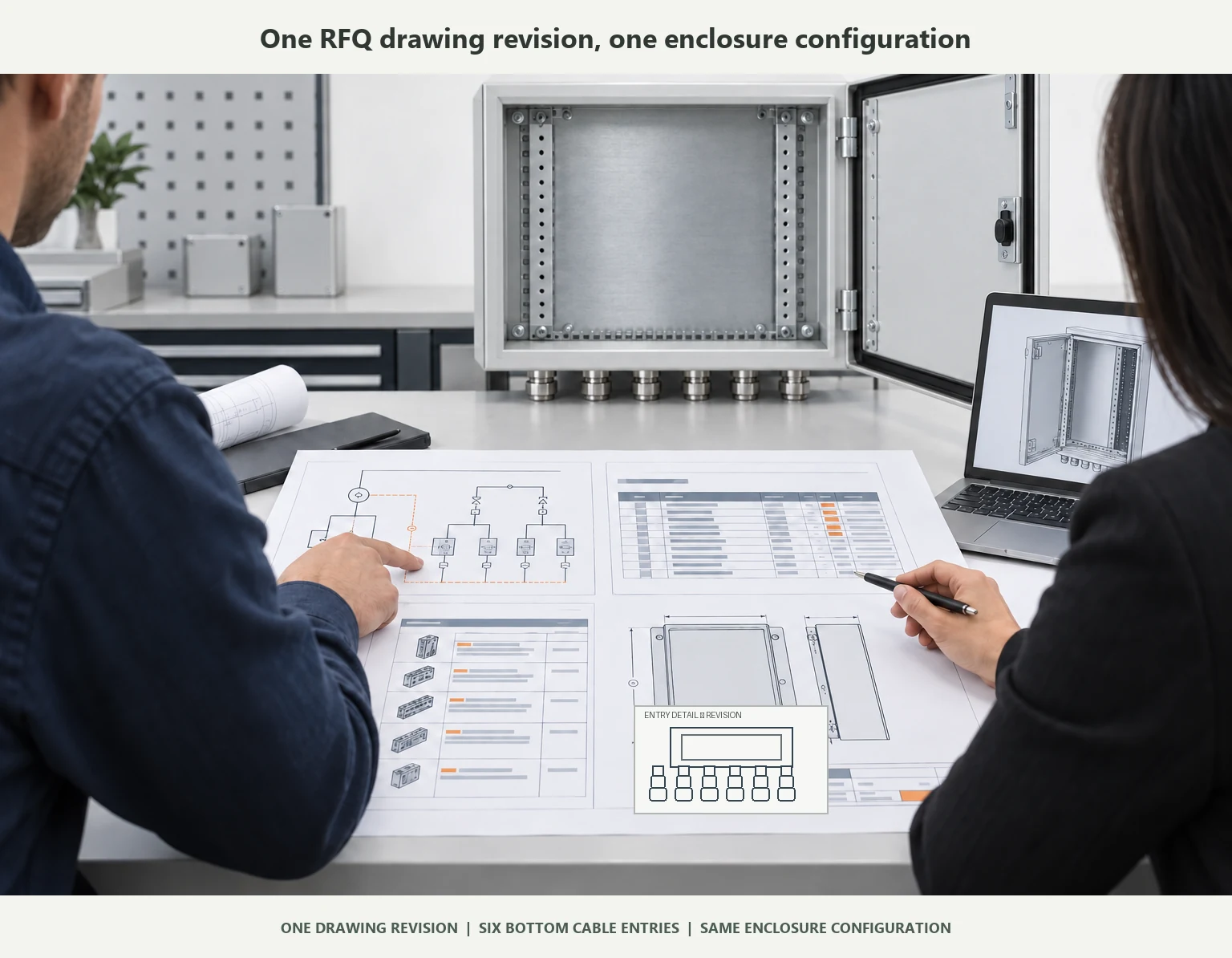 RFQ drawing review showing an enclosure and matching six-cable-entry configuration