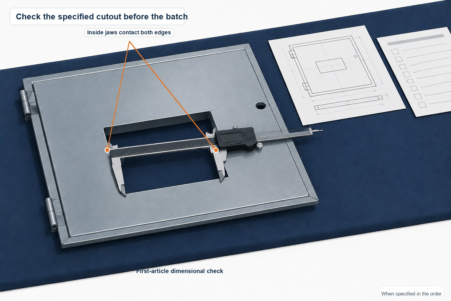 Caliper positioned across an enclosure-door cutout during a first-article dimensional check.