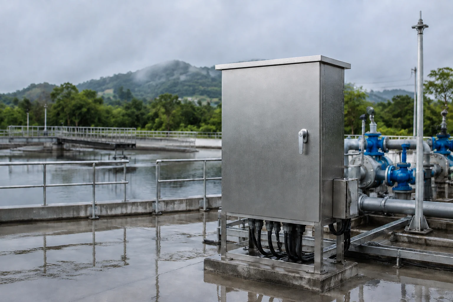 Hypothetical pump control enclosure with bottom cable entries installed beside piping at a wastewater treatment site.