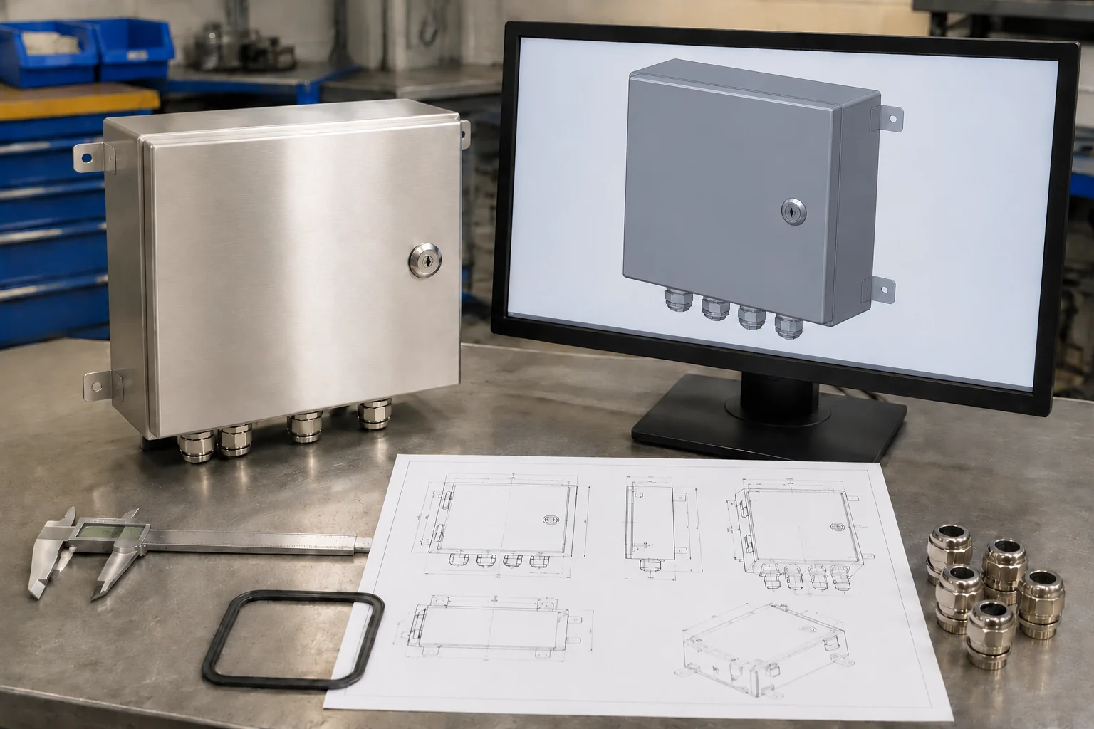 Engineering review of a metal enclosure using a CAD model, technical drawings, gasket, cable glands, and caliper.