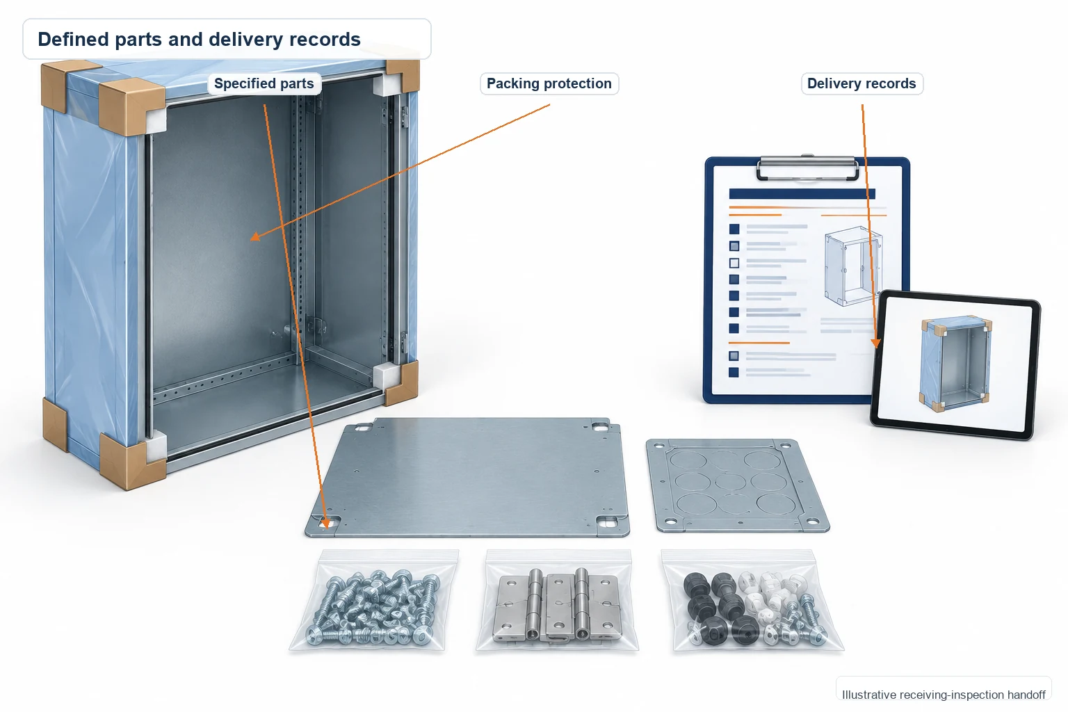 Protected empty enclosure, separated accessories, and packing records prepared for delivery.