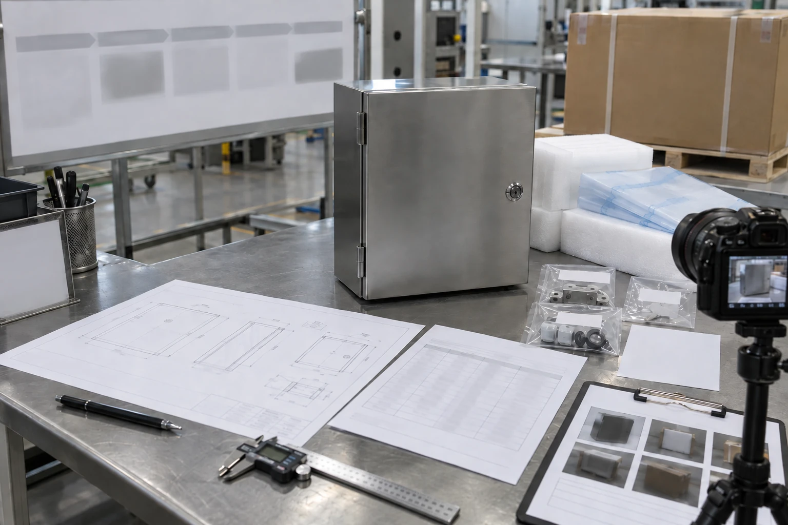 Illustrated enclosure inspection setup with a caliper, drawings, camera and packing materials