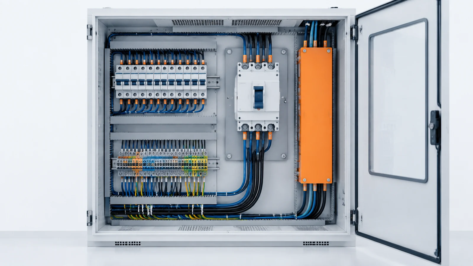 Illustration of circuit breakers, terminal blocks, covered busbars, and cable routing inside an industrial control enclosure.