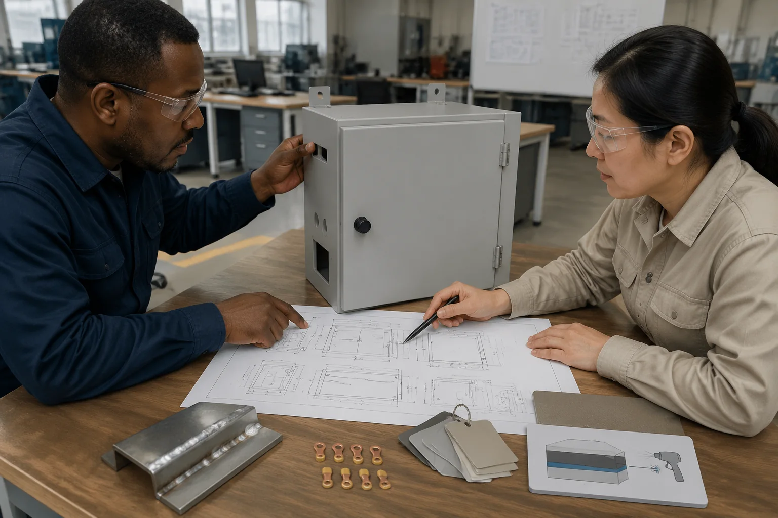 16-powder-coated-enclosure-rfq-drawing-review Engineer and buyer reviewing an electrical enclosure drawing, coating specification, cutouts, and hardware before quotation