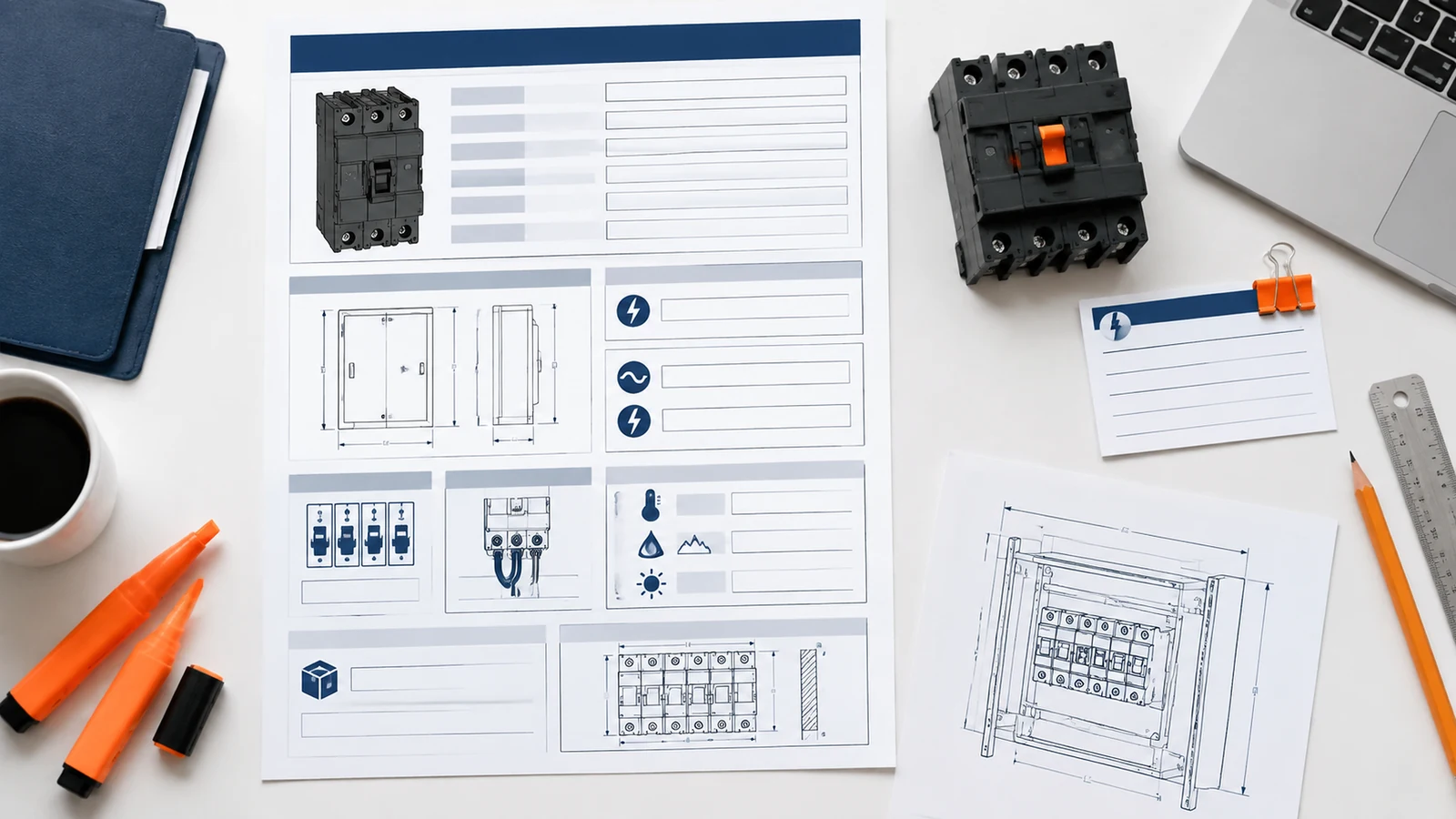Circuit breaker, enclosure drawings, and blank specification forms arranged for RFQ preparation.