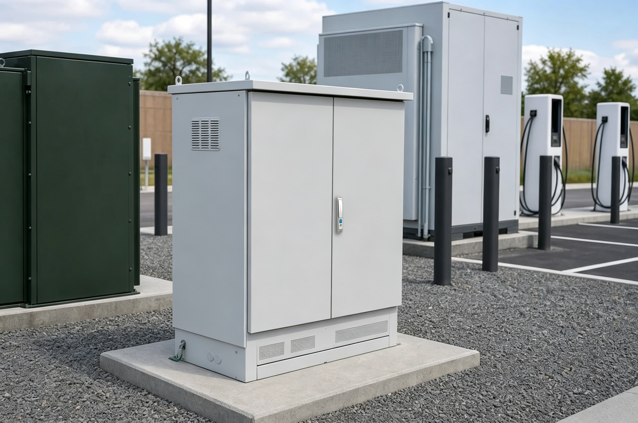 Separate site auxiliary and distribution cabinet at an EV charging plaza