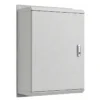 Gray IP65 wall-mount single-door electrical enclosure with a front locking handle and mounting plate
