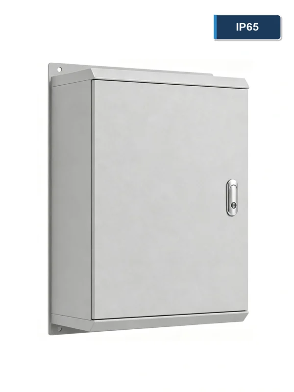 Gray IP65 wall-mount single-door electrical enclosure with a front locking handle and mounting plate