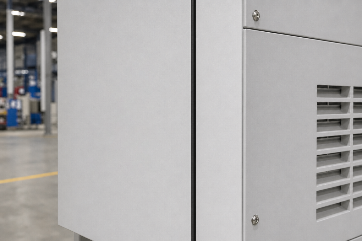 EV charging enclosure service door lock hinge gasket and public fastener detail