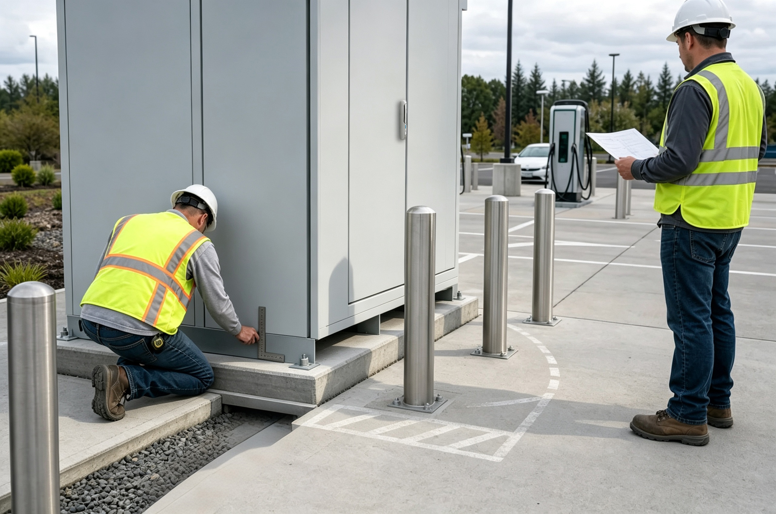 Technicians checking EV charger cabinet base anchors conduit landing and service clearance