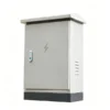 Closed compact outdoor electrical enclosure with a sloped top cover, side ventilation louvers, and a locking handle