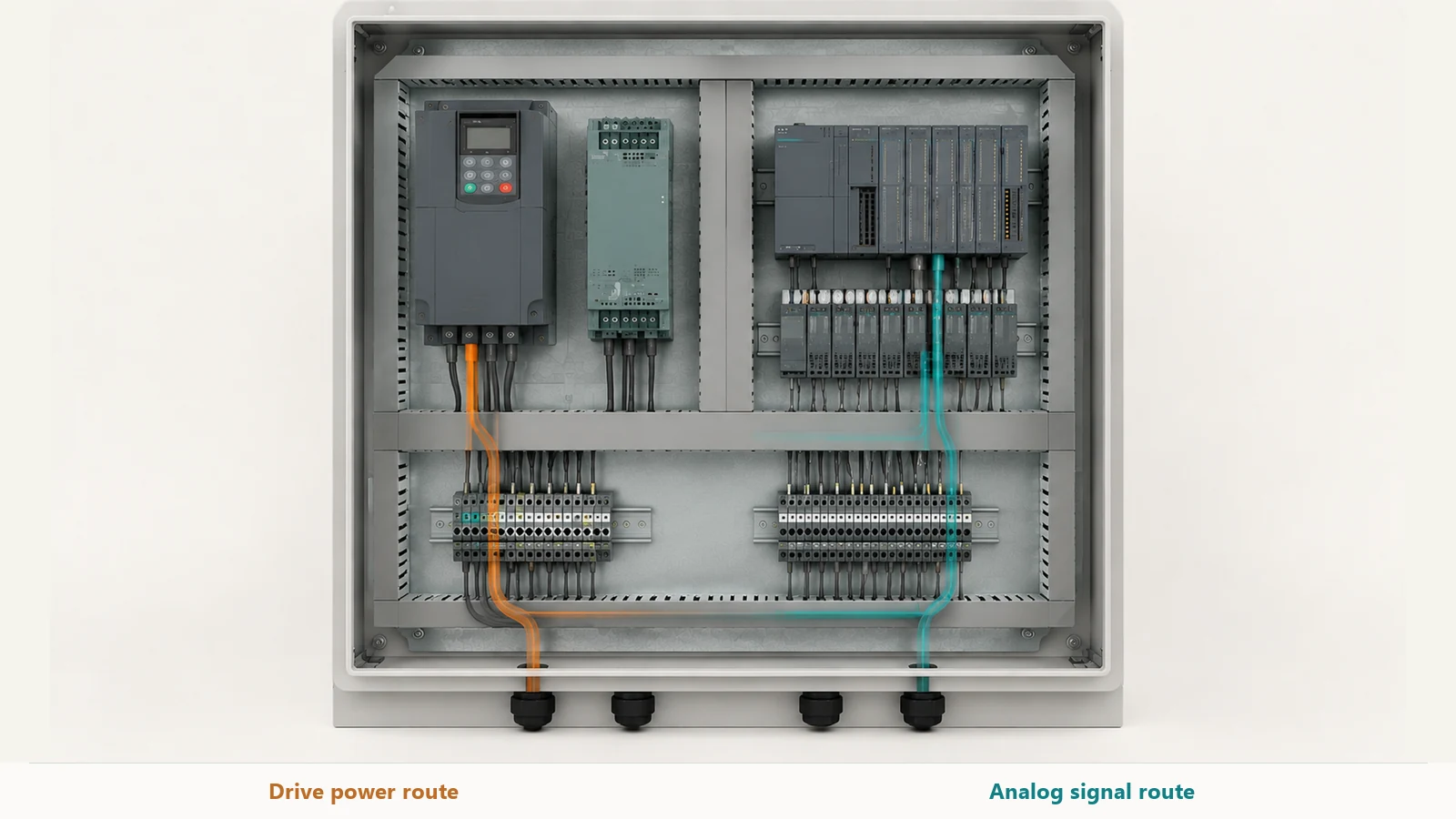 Concept cabinet routing with distinct analog-signal and VFD power cable paths