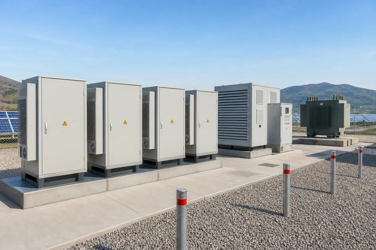 Battery energy storage cabinets, PCS cabinet and transformer on an outdoor equipment pad