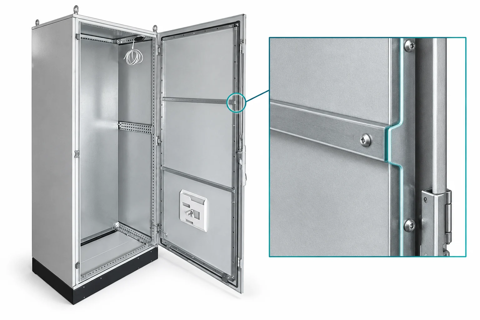 Floor-standing enclosure with an open reinforced door and a close-up of the door stiffener.
