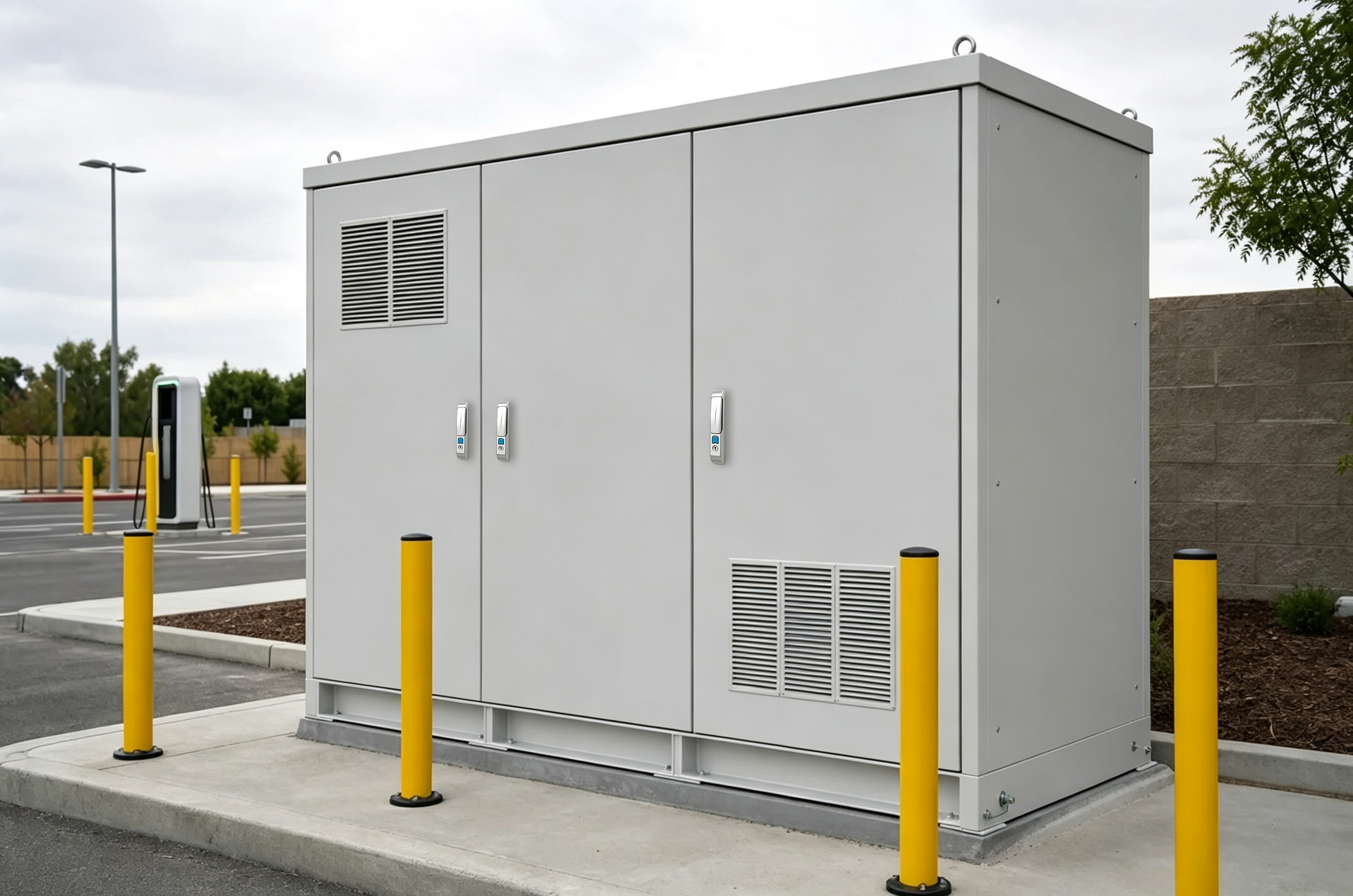 Large outdoor DC fast-charging power cabinet protected by bollards