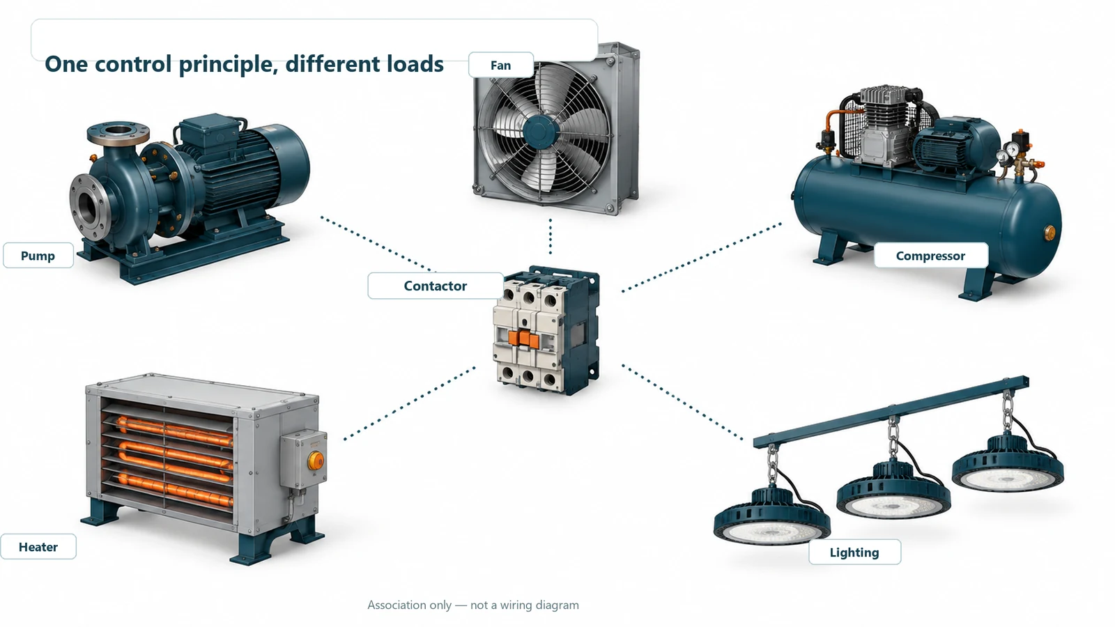 Pump, fan, compressor, heater, and lighting loads associated with contactor control