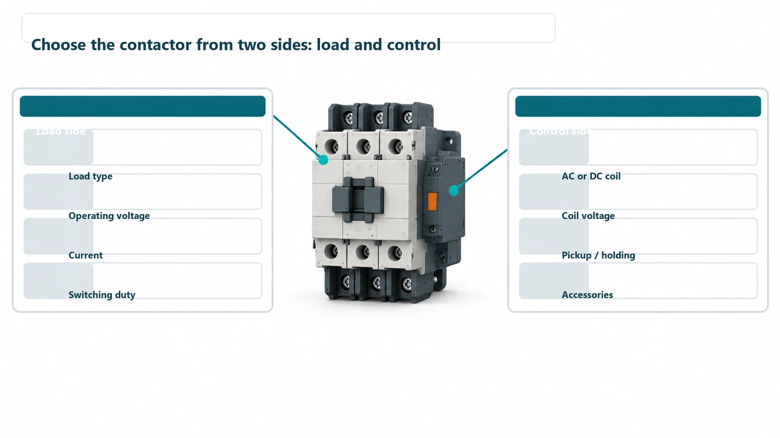 Contactor selection worksheet comparing load-side and control-side requirements