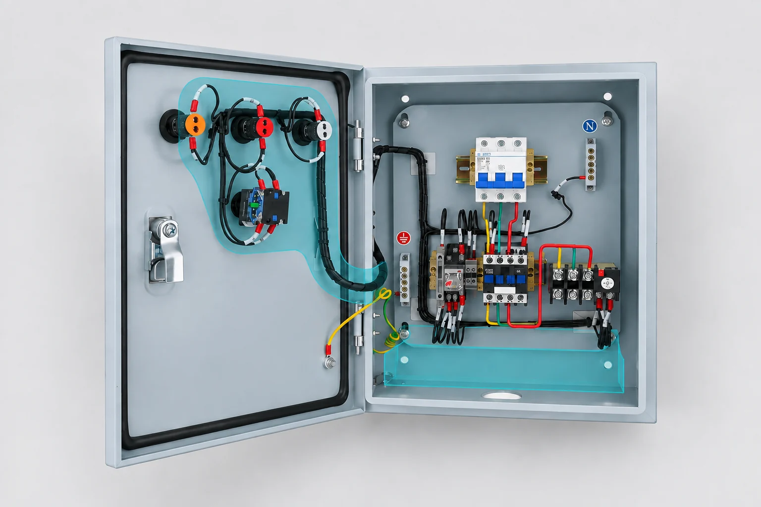 Control enclosure with mounted electrical devices, door wiring and highlighted installation access zones.