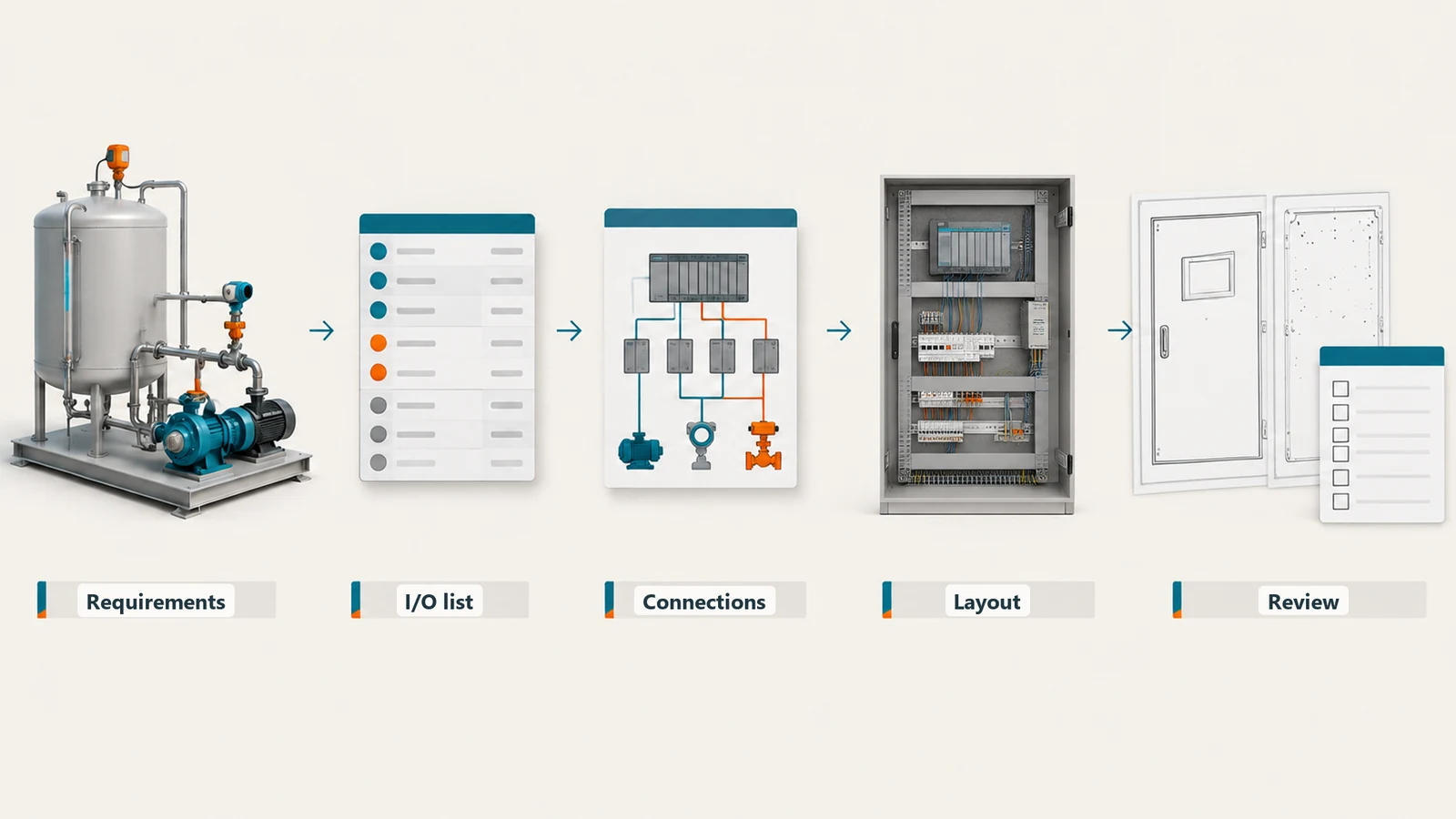 Five illustrated stages from machine requirements to I/O, schematics, panel layout and drawing review