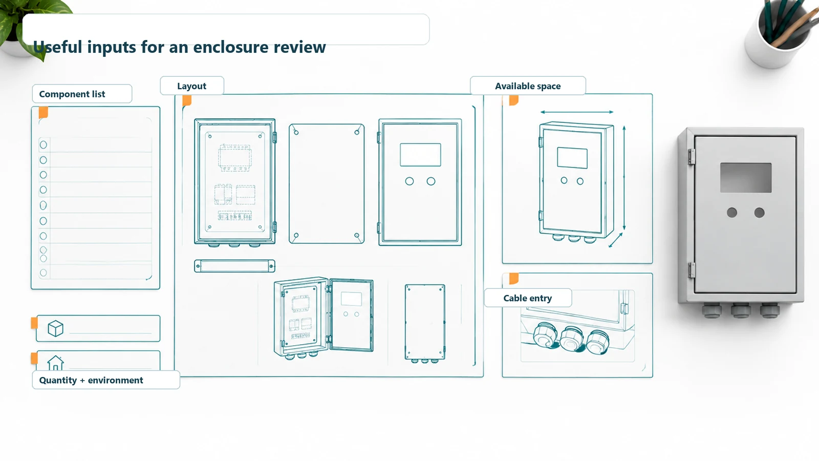 Enclosure enquiry materials including a layout, component list, space drawing, and cable-entry sketch