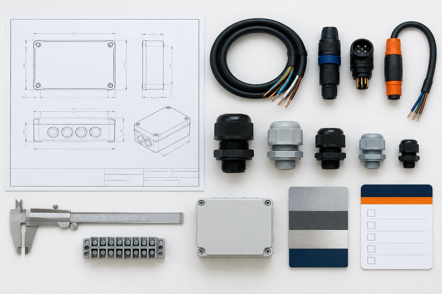 RFQ preparation materials for a custom junction box including drawing cable schedule and material samples