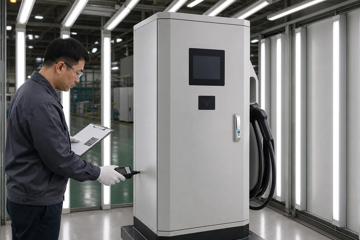 Public-facing EV charging enclosure powder-coat and surface inspection