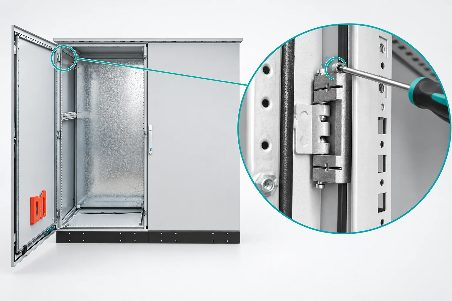 Double-door cabinet with a hinge fixing and tool-access detail.