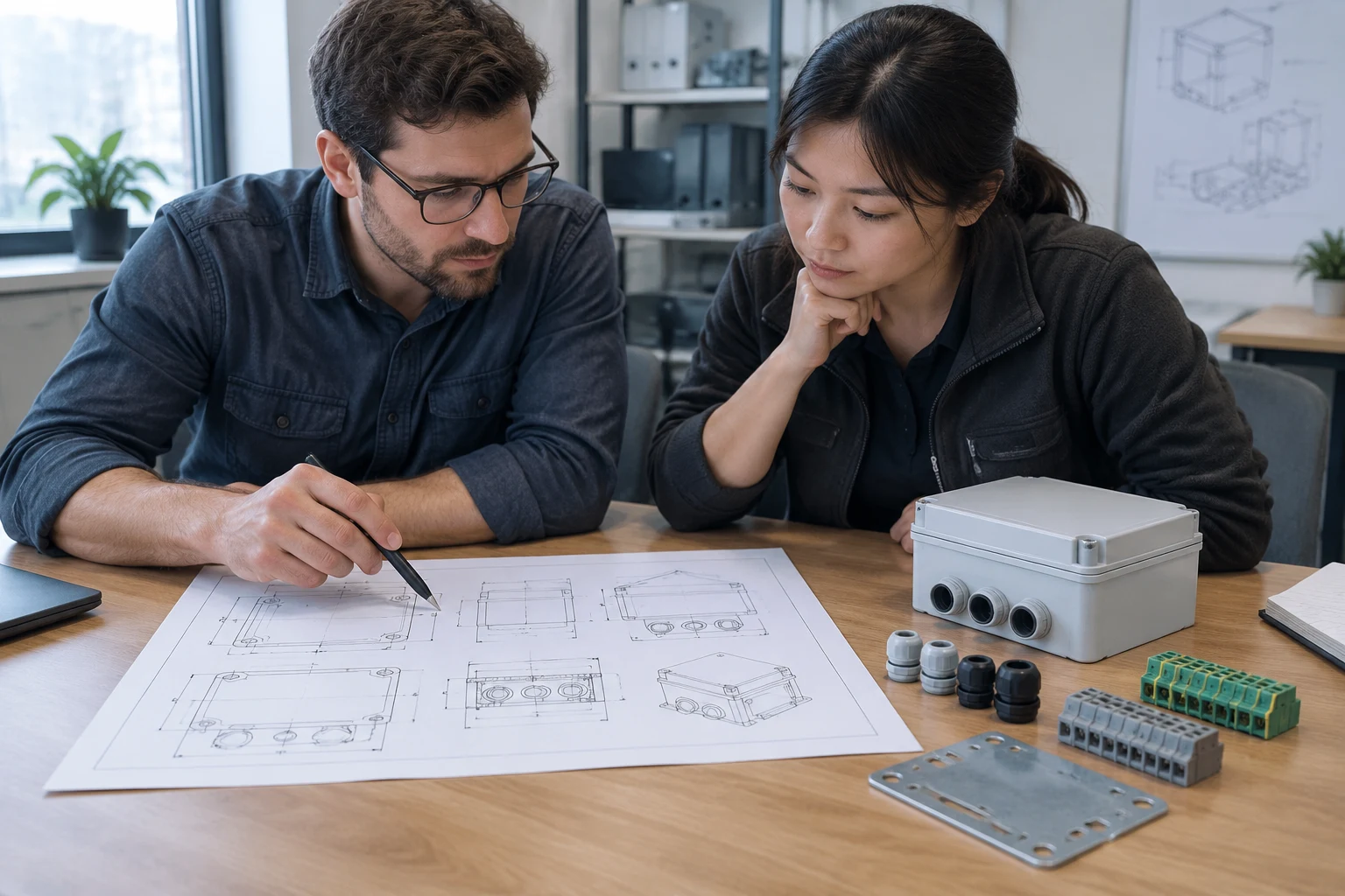 Engineers reviewing a custom junction box drawing with cable entry and terminal layout