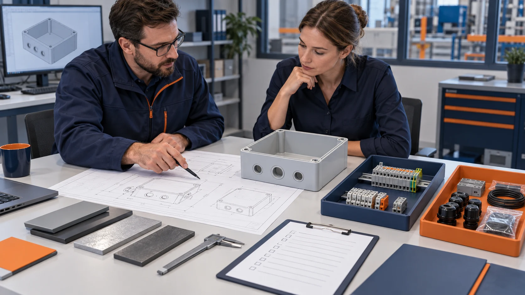 Engineering handoff showing a custom junction box drawing fitted hardware and defined supply scope