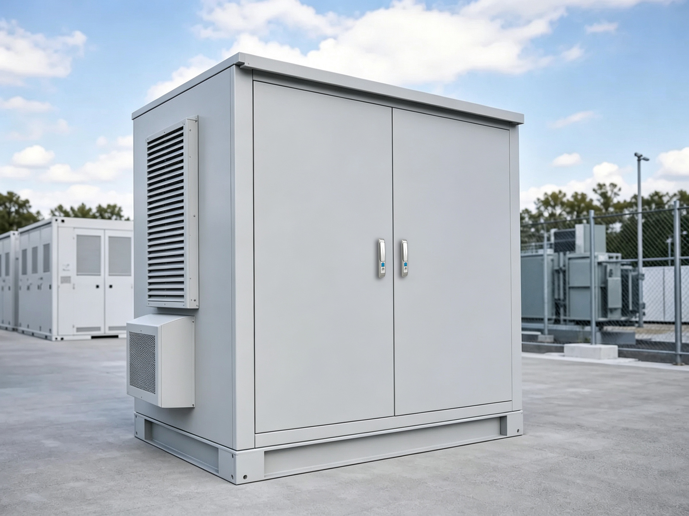 Outdoor energy storage enclosure cabinet at a utility-scale battery storage site