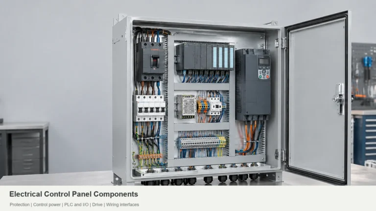 Open industrial control panel showing protection, control power, PLC, drive, terminals, and enclosure layout