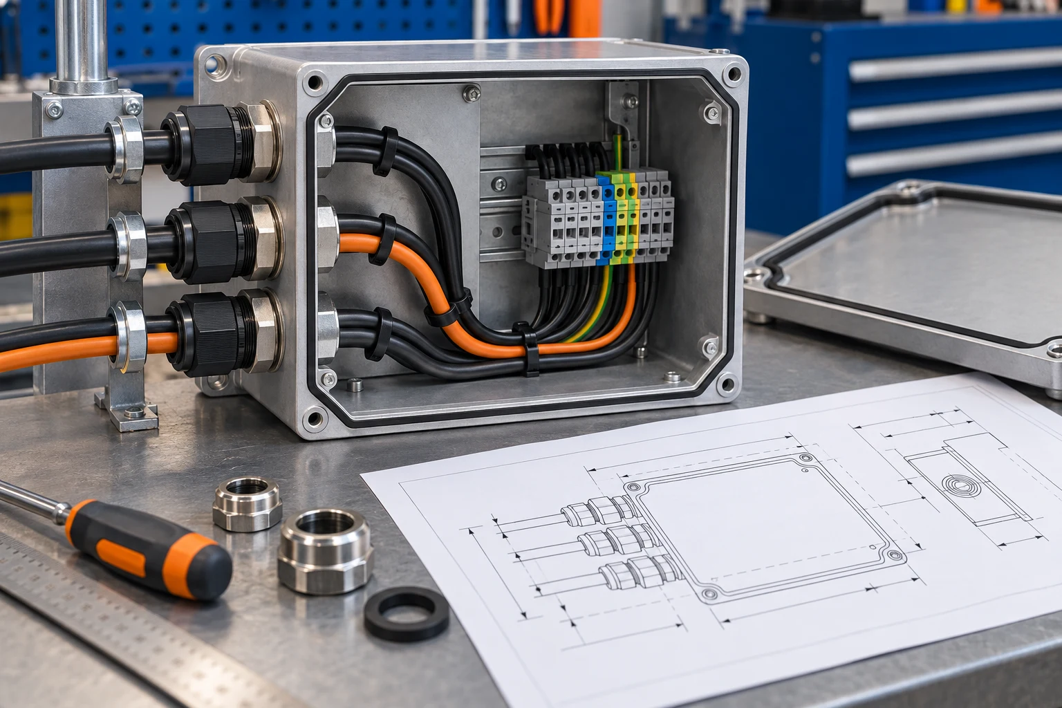Cable glands and conduit entries planned around terminal clearance in a junction box