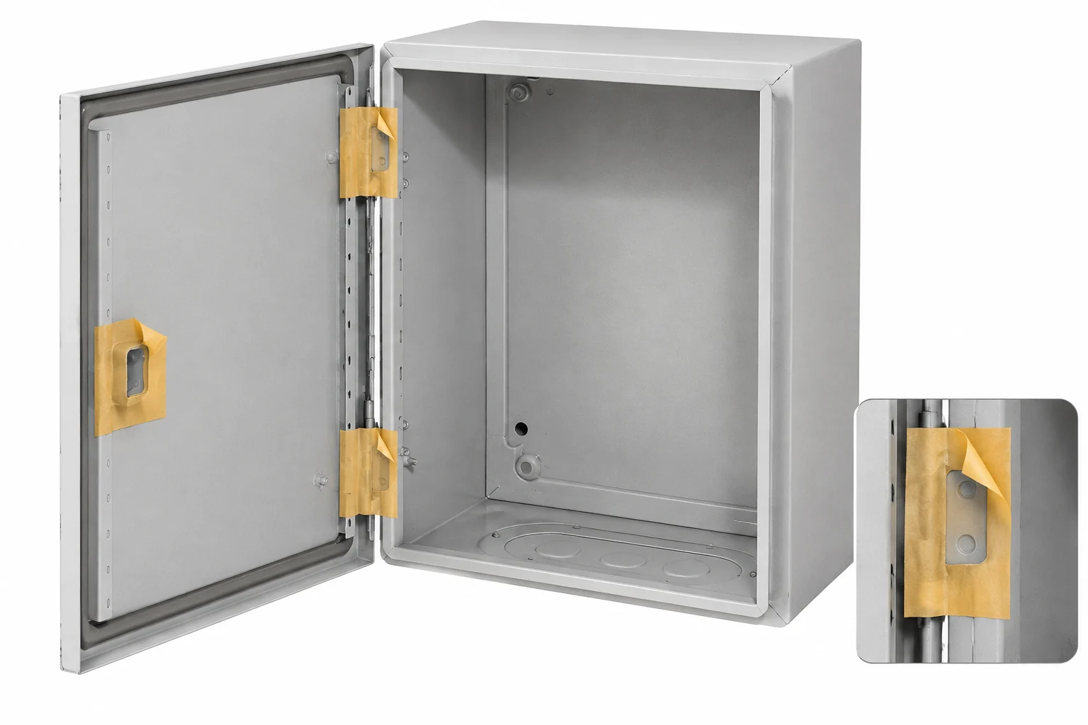 Wall-mounted enclosure with selected latch and hinge interfaces highlighted for a masking review.