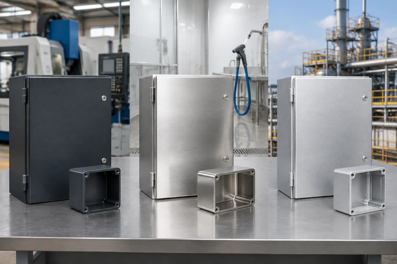 Comparison of painted steel stainless steel and aluminum enclosure materials for different environments