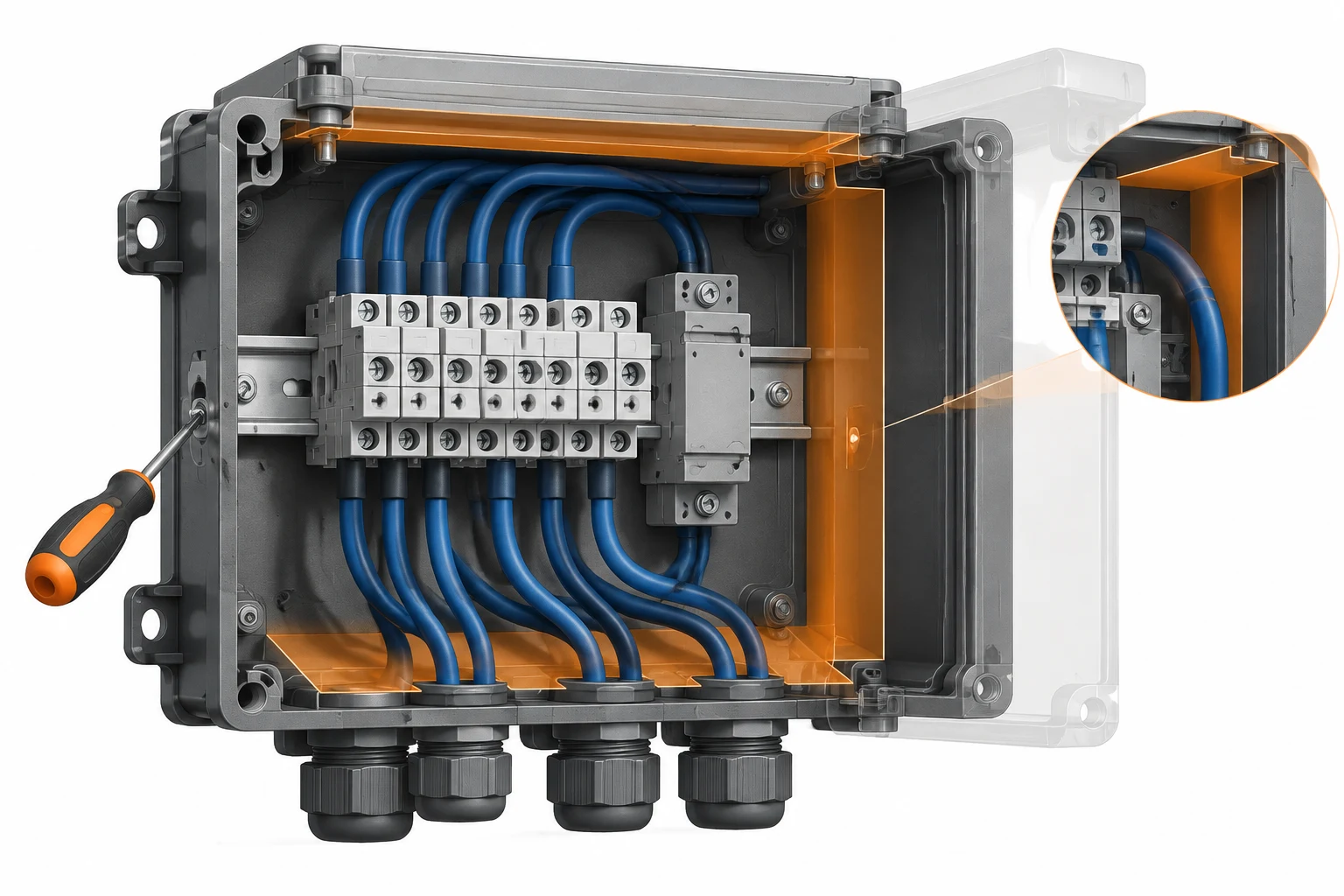 Cutaway view showing usable internal depth wire bending and terminal clearance in an enclosure
