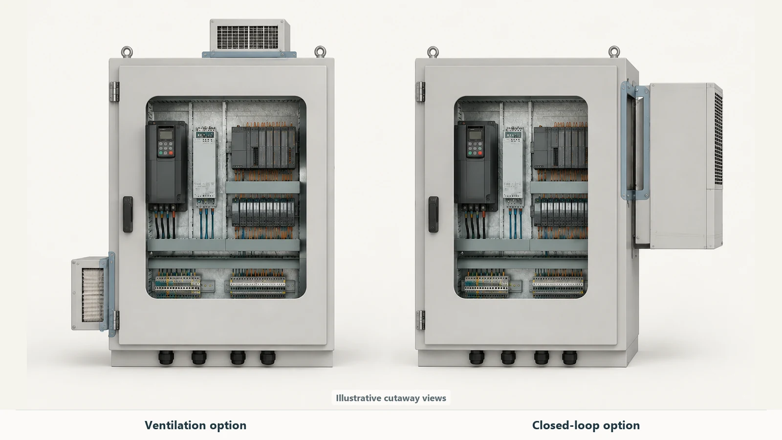 Cutaway enclosure views comparing filtered ventilation openings with a side-mounted closed-loop cooling-unit interface