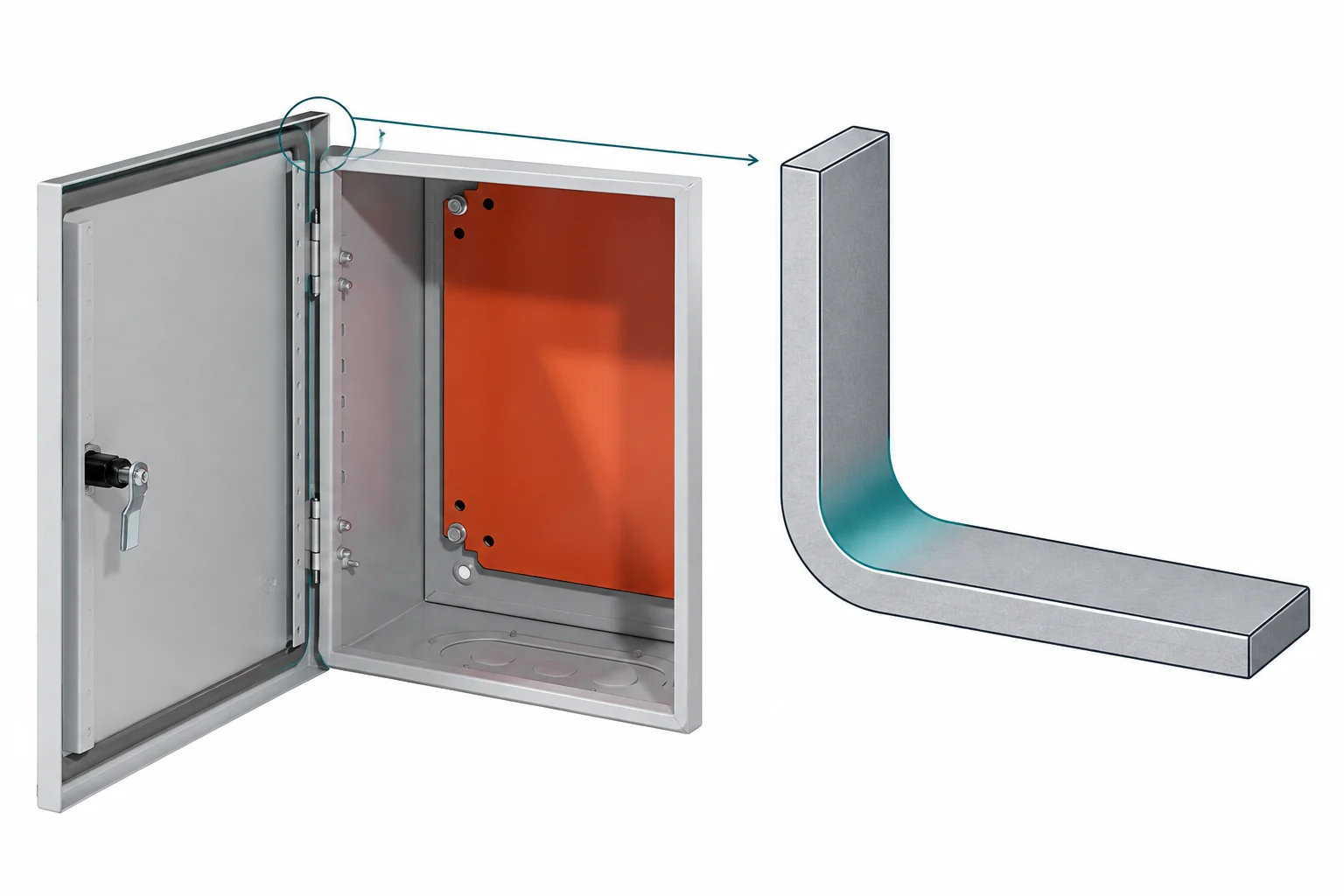 Wall-mounted enclosure door fold with an enlarged illustrative bend section.