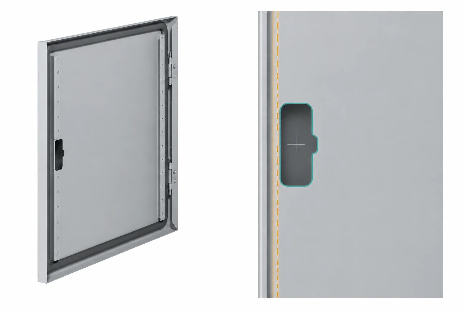 Door latch cutout next to an annotated door-edge fold reference.