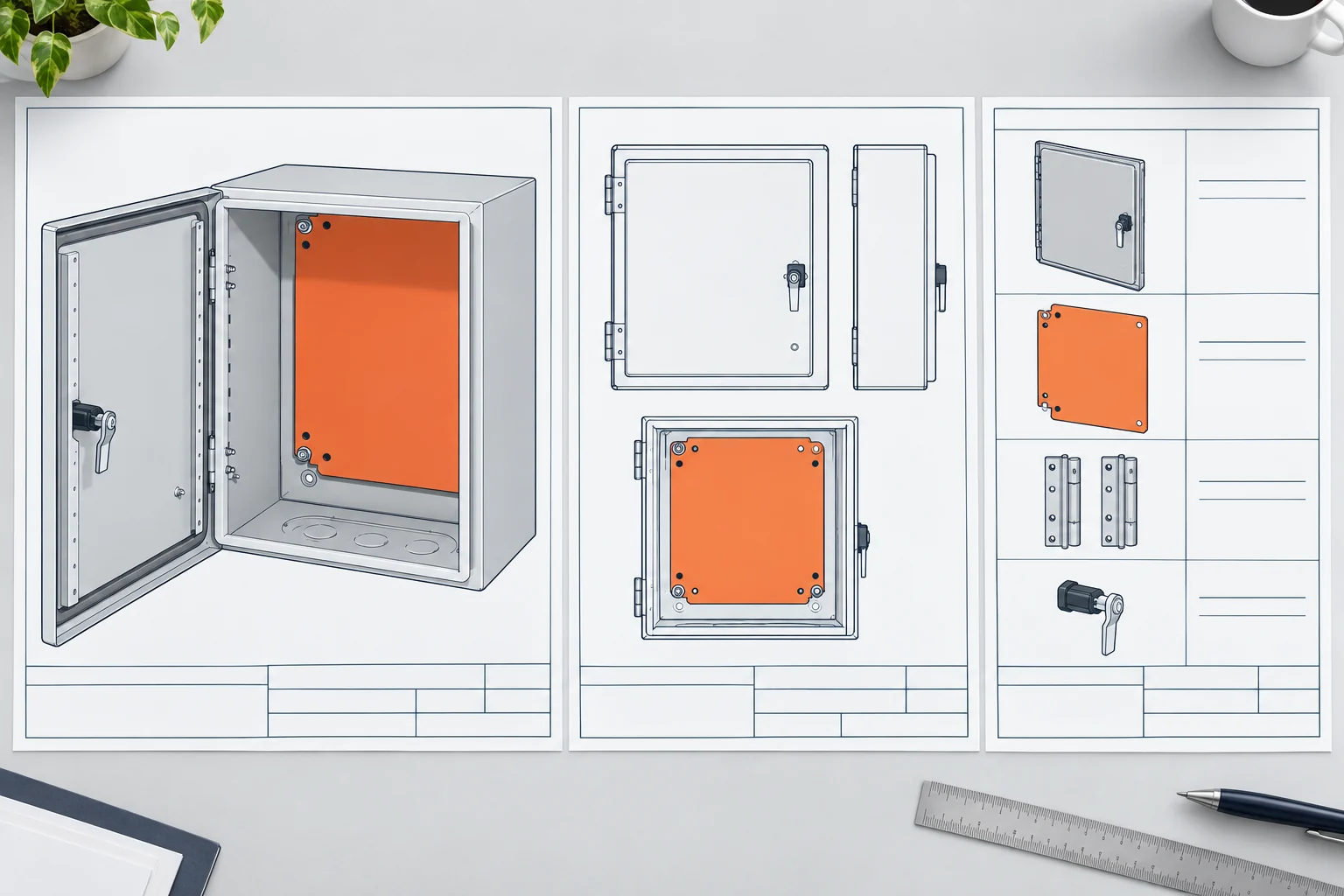 Wall-mounted electrical enclosure beside model, drawing and hardware-list representations.