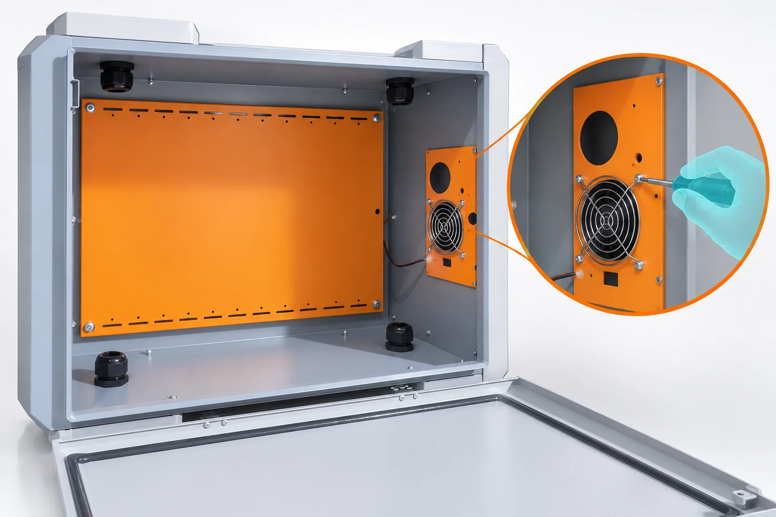 Orange mounting plate and side fan panel with an inset illustrating tool access.