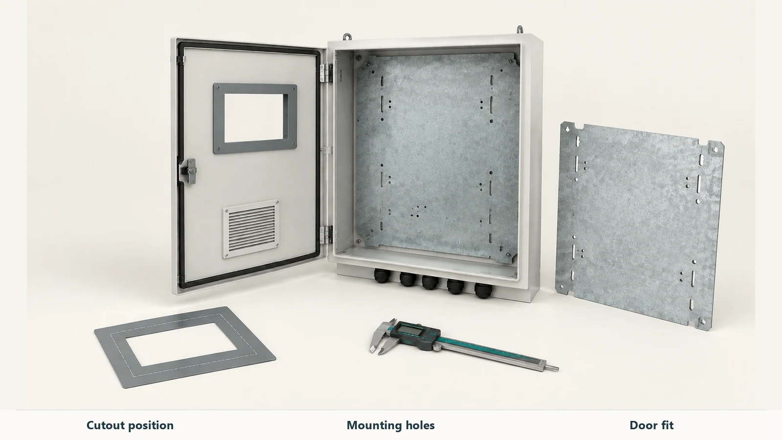 Unwired enclosure, HMI door cutout, mounting-hole patterns and a mechanical fit template beside a caliper
