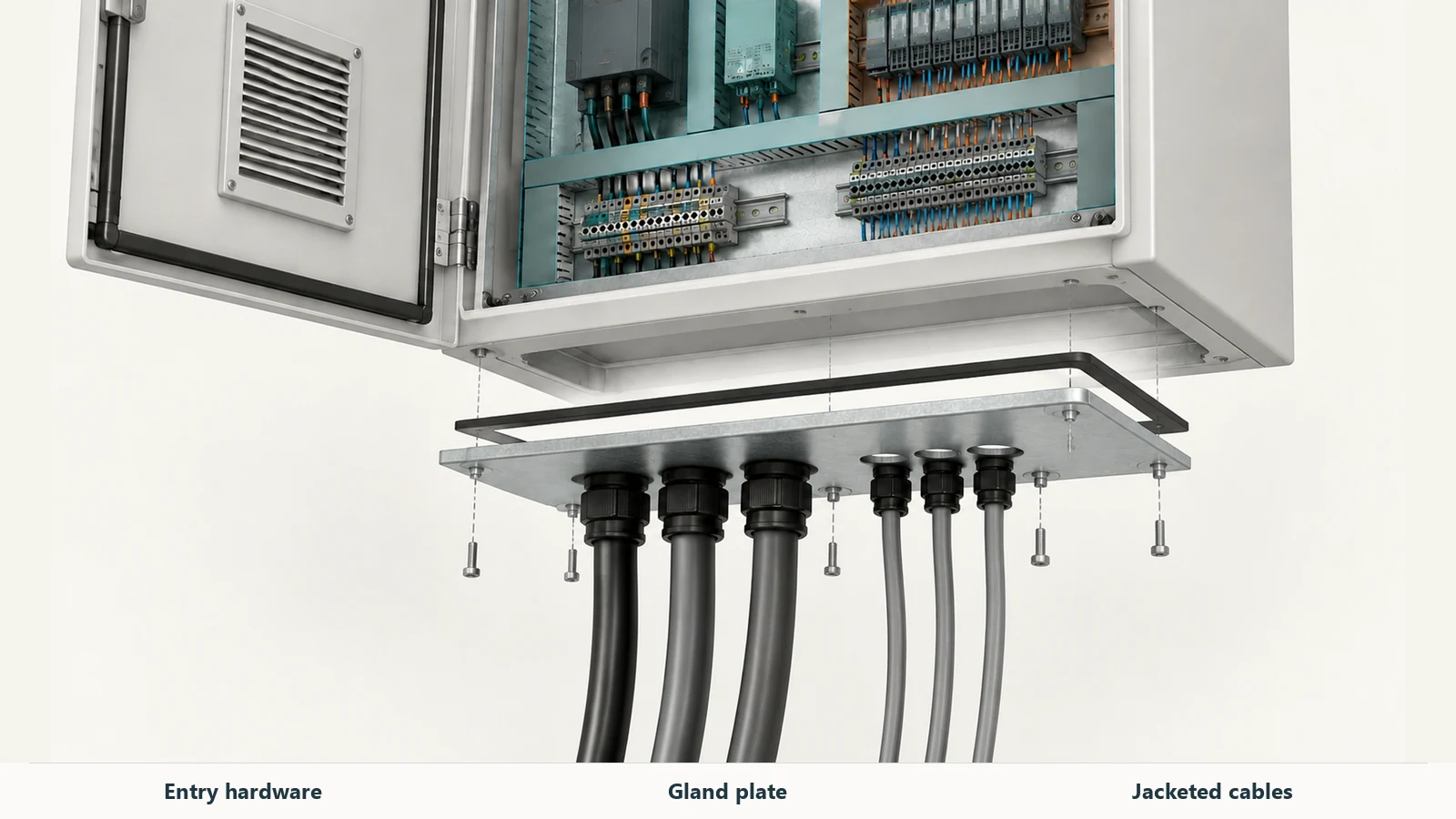 Exploded enclosure cable-entry assembly showing a gasket, removable gland plate and six jacketed cables