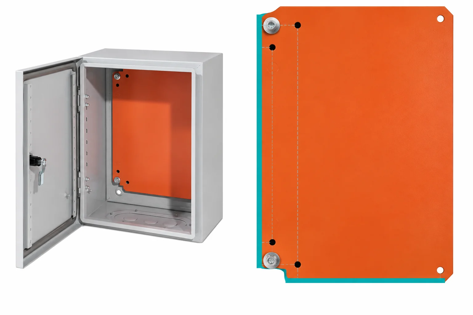 Orange mounting plate with highlighted reference edges and mounting-hole centers.