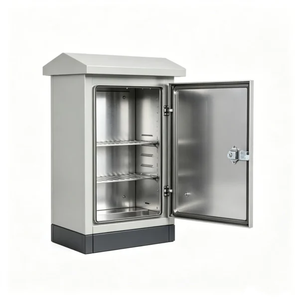 Open outdoor electrical cabinet showing internal shelves, a metal enclosure, and a lockable door