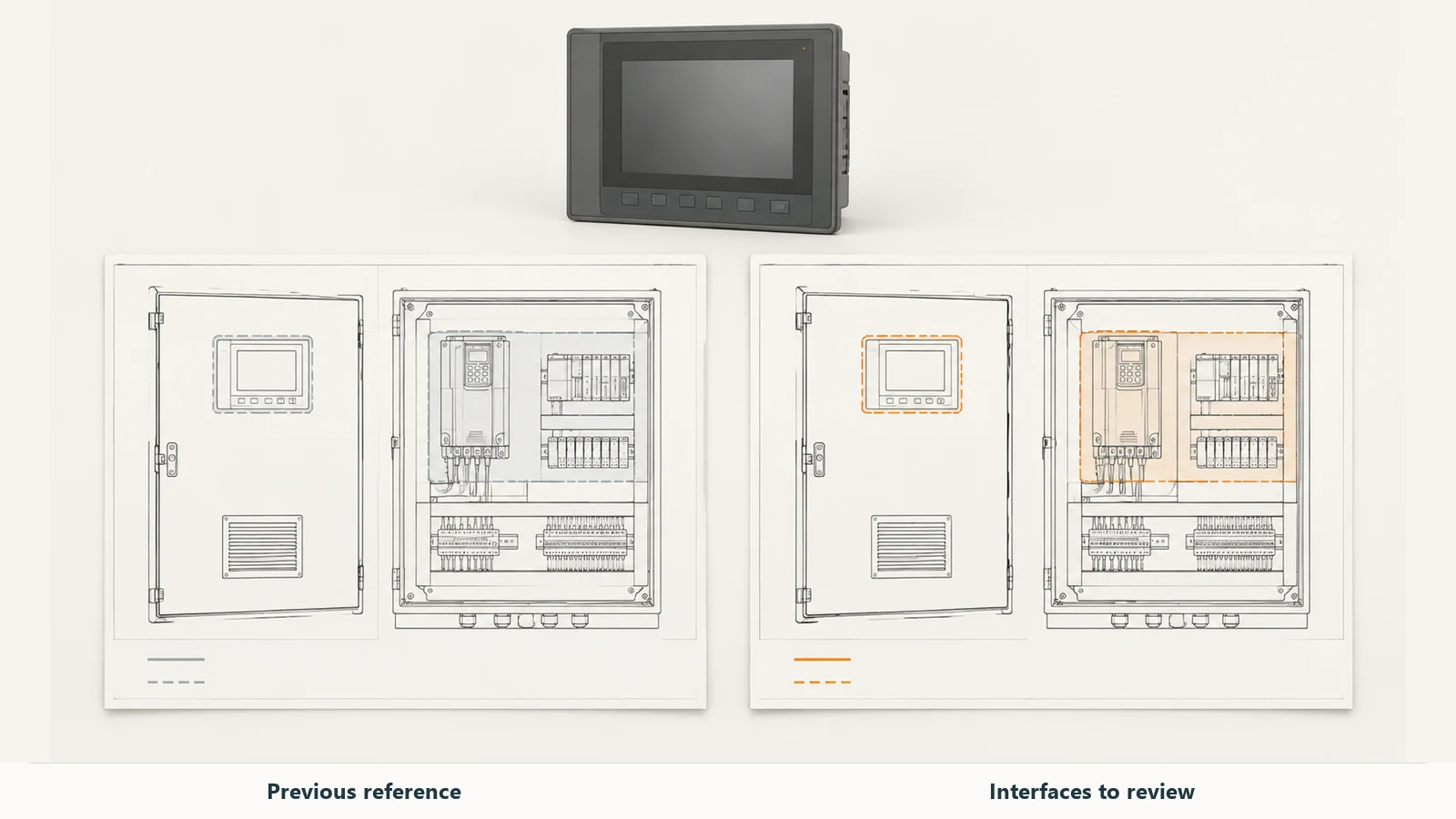 HMI reference above door and mounting-plate drawings with highlighted interface review areas